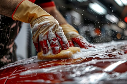 close-up of male hands in yellow rubber gloves of a car wash worker polishing a car body with a sponge, banner, space for text. photo