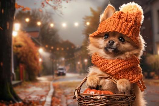cute puppy in orange hat standing on the street in autumn. puppy preparing for Halloween photo