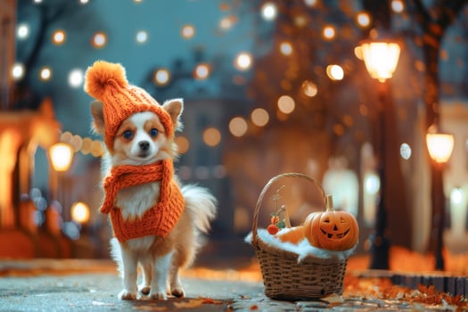 cute puppy in orange hat standing on the street in autumn. puppy preparing for Halloween photo