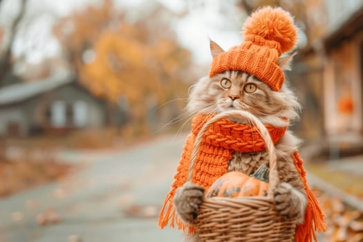 cute kitten in orange hat standing on the street in autumn. kitten preparing for Halloween photo