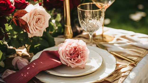 Wedding and event celebration tablescape with flowers, formal dinner table setting with roses and wine, elegant floral table decor for dinner party and holiday decoration, home styling photo