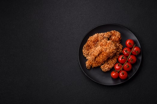Delicious fresh crispy chicken nuggets on a dark concrete background photo