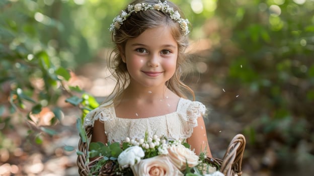 Young Girl in Wedding Dress Holding Basket of Flowers photo
