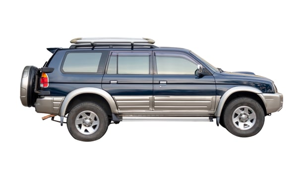 Side view of luxurious blue and bronze SUV sports car isolated on white background with clipping path photo