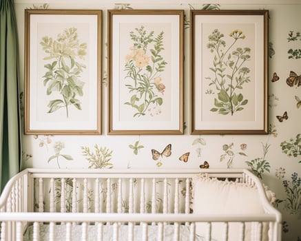 Nursery gallery wall, home decor and wall art, framed art in the English country cottage interior, room for diy printable artwork mockup and print shop photo