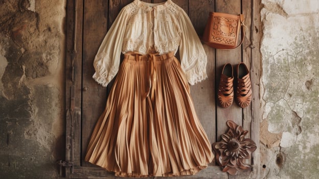 Luxurious Handiwork A pleated skirt made from handdyed silk paired with a dainty lace blouse and handcrafted leather sandals. This outfit is ideal for a day of touring histori photo
