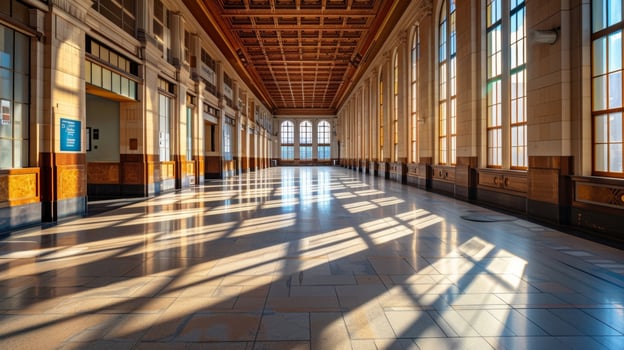 The vacant advertising boards cast long shadows on the hallway floor as the morning sun streams in through the windows signaling the start of a new day of travel photo