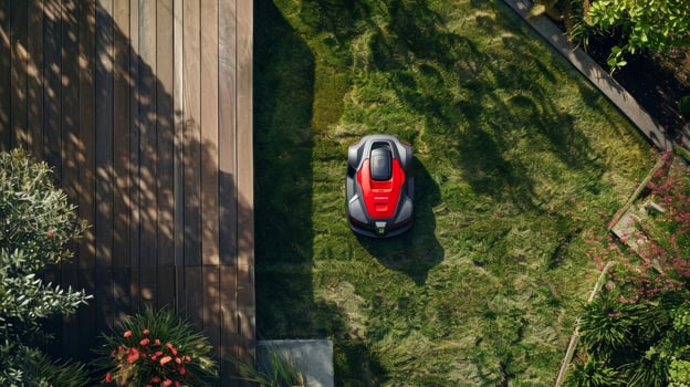 An overhead view of the robotic lawn mower its sensors clearly visible as it navigates through the yard photo