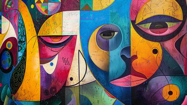 A colorful abstract painting bursting with energy featuring shapes and figures that hint at a deeper meaning and thoughtprovoking narrative photo