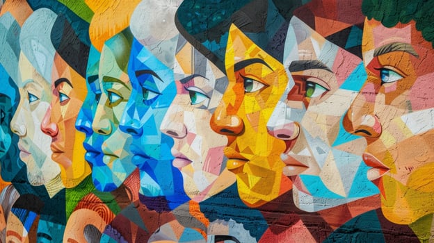 A large scale street art piece depicting a group of people from different backgrounds and walks of life coming together in a beautiful and harmonious mosaic of identities photo