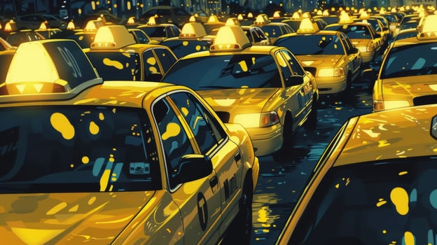 A sea of yellow vehicles their headlights glowing in the night as they wait for passengers at a crowded taxi stand photo