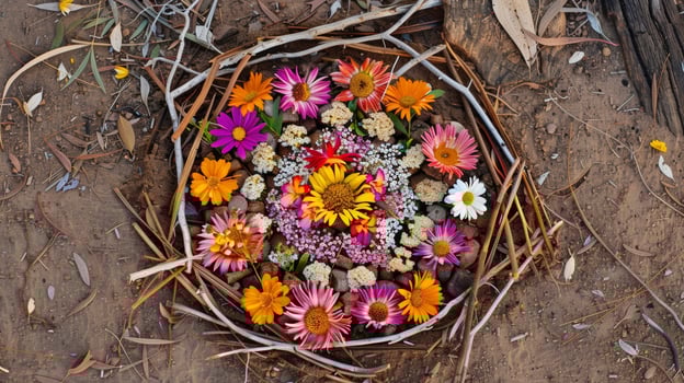 An intricate mandala made from natural materials like flowers and twigs is created on the ground as a sacred space for spiritual healing photo