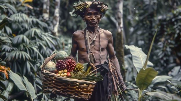 A man in traditional clothing stands in front of a large dense forest. In one hand he holds a woven basket full of various plants while the other hand holds a machete fo photo