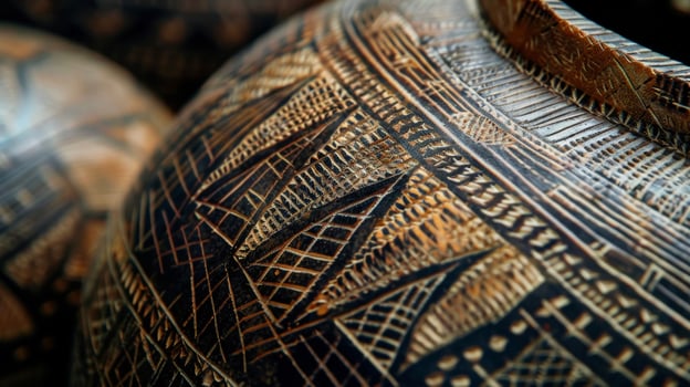 The intricate patterns etched onto a gourd reveal it to be a ceremonial vessel used in spiritual ceremonies by indigenous healers. The gourd is believed to hold special power photo