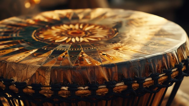 The intricate designs of a handcrafted Native American medicine drum its rhythmic beats echoing through the room alongside the strumming of a sitar photo