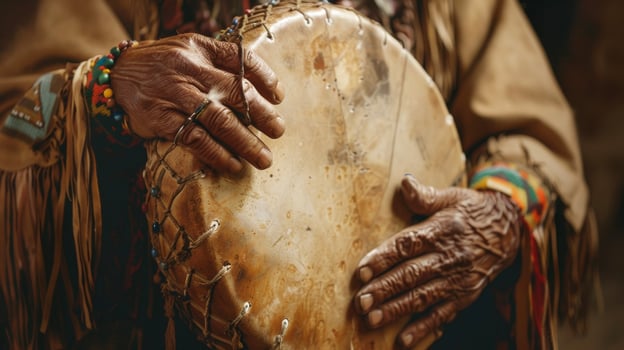 A shaman holds a traditional Native American hand drum its hide stretched tightly and strands of colorful beads dangling from the sides as he leads the ceremony with rhythmi photo