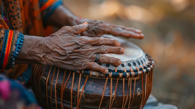Slightly blurred fingers dance over the taut surface of a tabla drum creating an intricate and soothing rhythm that calms the mind and body photo