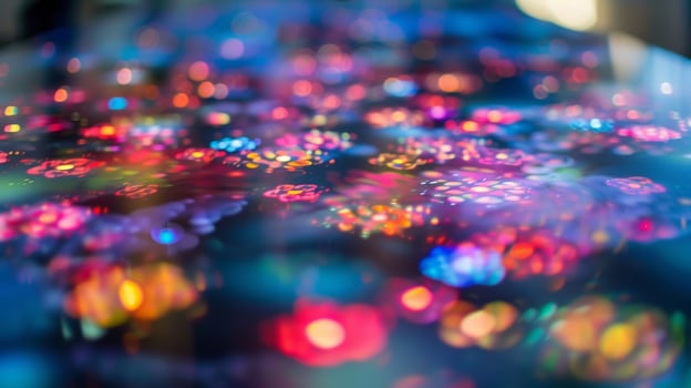 Detail of a table surface covered in a smart material that can display digital elements such as patterns and images. The surface seems to come to life as it swarms with everchangin photo