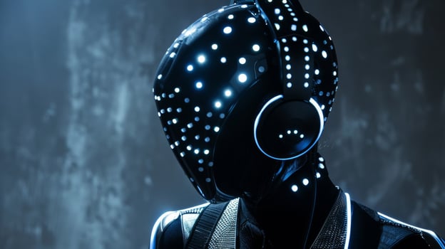 A pair of sleek and modern headphones resting on a dancers neck complimenting their futuristic and techsavvy attire. These headphones are connected to a sensor suit whic photo