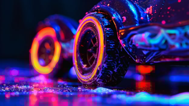An upclose view of a toy car with photoluminescent wheels demonstrating the practical use of these pigments in creating eyecatching and playful designs photo