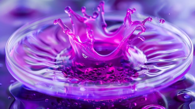 A vibrant purple abstract form looms in the foreground created by the interaction of colorful ferrofluids in a petri dish. The liquid seems to pulsate and move on its ow photo