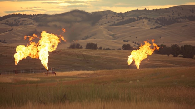 The graceful movements of gas flares dancing and swaying in the breeze against a backdrop of rolling hills photo