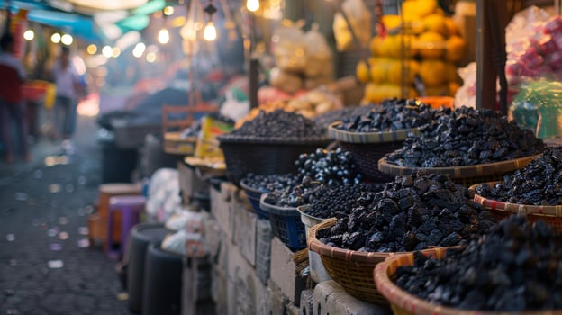 A crowded marketplace is filled with stalls selling coal collected by artisans each one boasting the high quality of their product photo