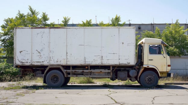 Old white delivery truck on a damaged asphalt lot, freight vehicle. Transport, logistics, industrial, urban decay concept photo