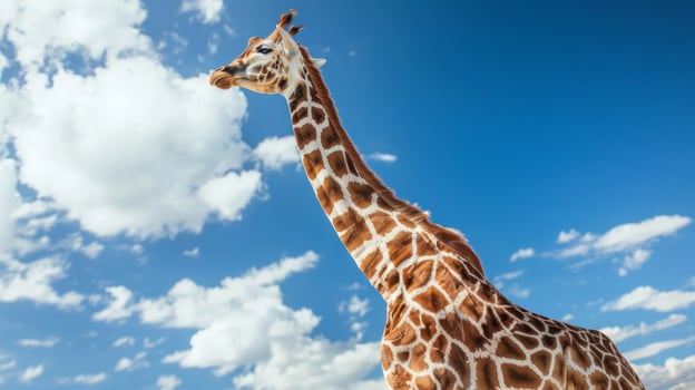 African giraffe standing in the savanna with blue sky and clouds. Wildlife, animal, safari, nature concept photo