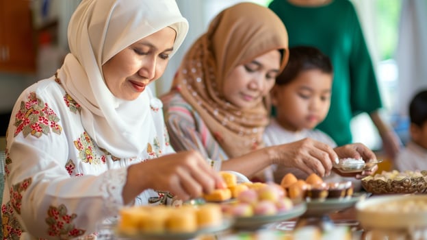 Asian Muslim family enjoying a meal together. Mother, daughter, and child at the dining table. Cultural diversity, family bonding, traditional food, community concept photo