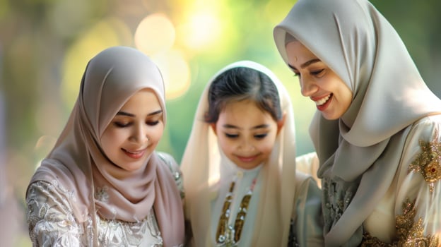 Muslim women and girl in traditional attire smiling outdoors. Islamic culture, intergenerational bond, family connection, celebration concept photo
