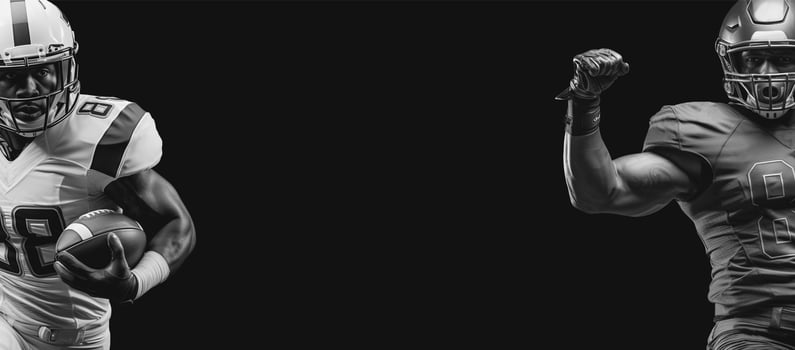 American football players on the edges on a black background with space for text in the center. Black and white concept photo