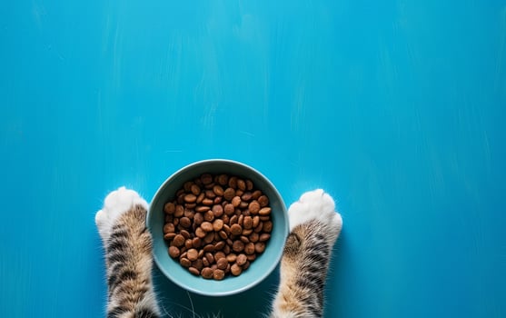 Cat Paws Reaching for a Bowl of Dry Cat Food on a Bright Blue Surface photo