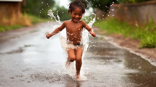 African baby boy playing in a puddle in the rain - African people photo