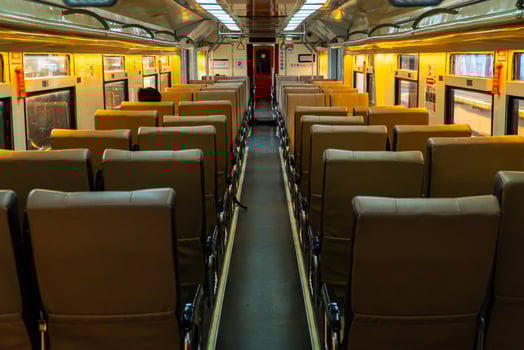 Public trains in Java, Indonesia are empty of passengers in the afternoon when the sun sets. The train carriage was quiet and many passenger seats were empty photo