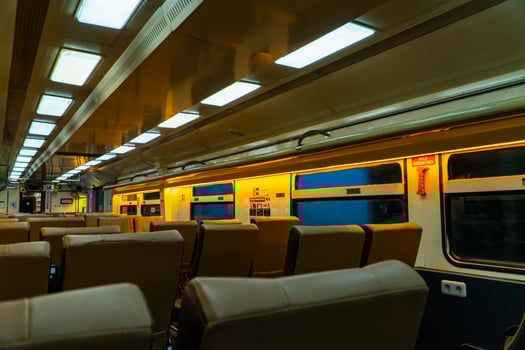 Public trains in Java, Indonesia are empty of passengers in the afternoon when the sun sets. The train carriage was quiet and many passenger seats were empty photo