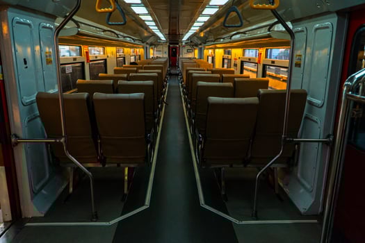 Public trains in Java, Indonesia are empty of passengers in the afternoon when the sun sets. The train carriage was quiet and many passenger seats were empty photo