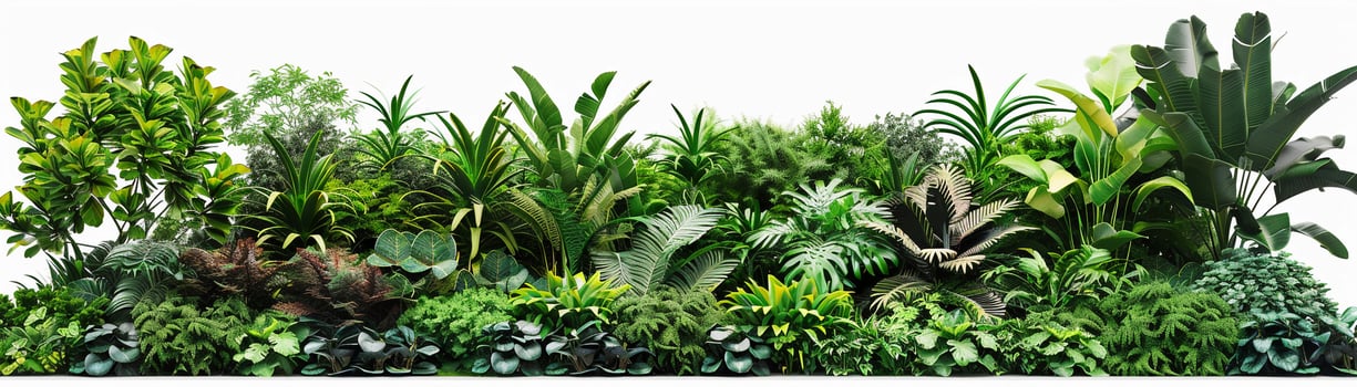 A minimalist garden with a monochromatic plant palette, such as varying shades of green, set against a clean white background photo