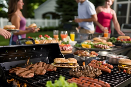 Joyous Summer BBQ Party Scene with Friends and Family Enjoying Food photo