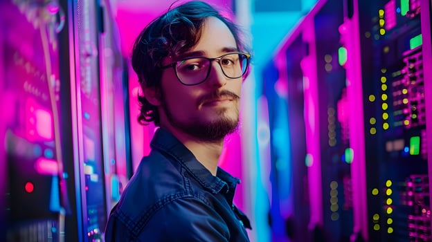 Confident IT Professional with Colorful Technological Background photo