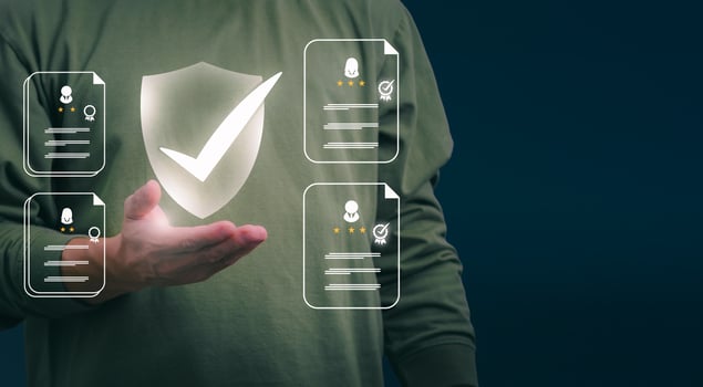 Male hand pointing at symbol of guarantee of quality of service Certification concept and standard quality control Standard warranty Documents certified on virtual screen photo