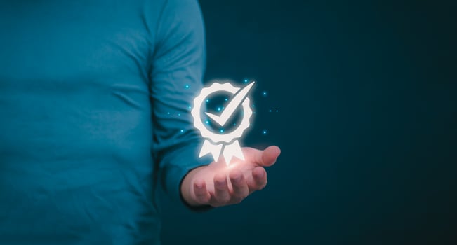 Male hand pointing at symbol of guarantee of quality of service Certification concept and standard quality control Standard warranty Documents certified on virtual screen photo
