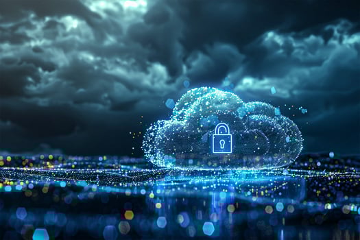 Digital illustration Blue glowing cloud with a lock on over a blue circuit board, cloud computing concept photo