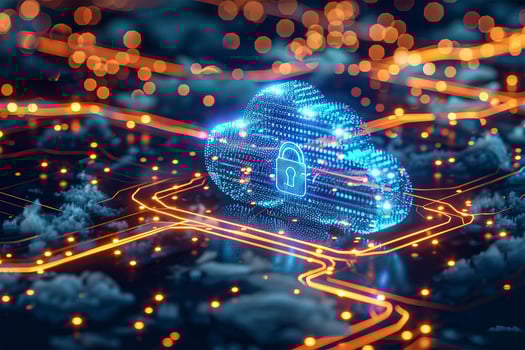 Digital illustration Blue glowing cloud with a lock on over a blue circuit board, cloud computing concept photo