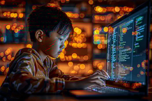 Asian kid using computer and doing programming or coding photo