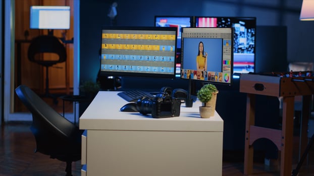 Dimly lit creative office in media agency with multi monitor computer setup used for image retouching, panning shot. Photography studio with editing software interface on PC screens and camera on desk photo