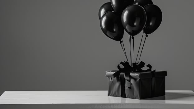 Black balloons in a gift box on a table photo