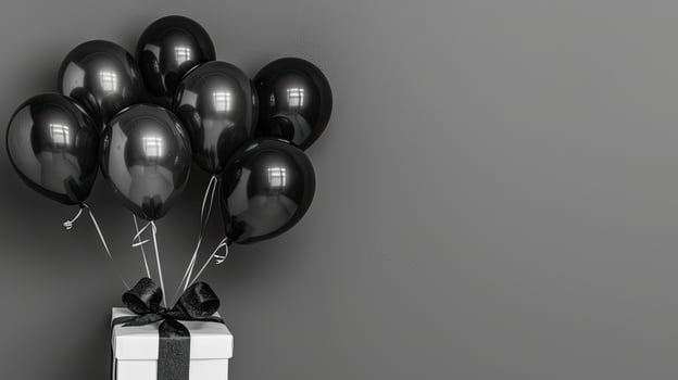 Black balloons in a gift box on a gray background photo