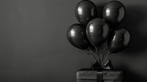 Black balloons and gift box on a black background photo