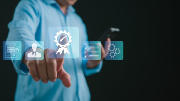 Man uses smartphone shows the sign of the top service the best Quality assurance, Standards, ISO certification and standardization concept. guarantee product and ISO service concept. photo